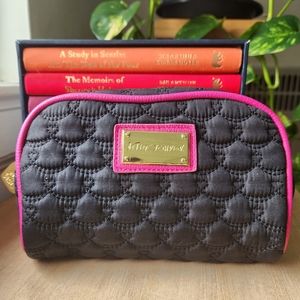 Betsey Johnson XOX Pink Black Quilted Heart Love Cosmetics Pouch